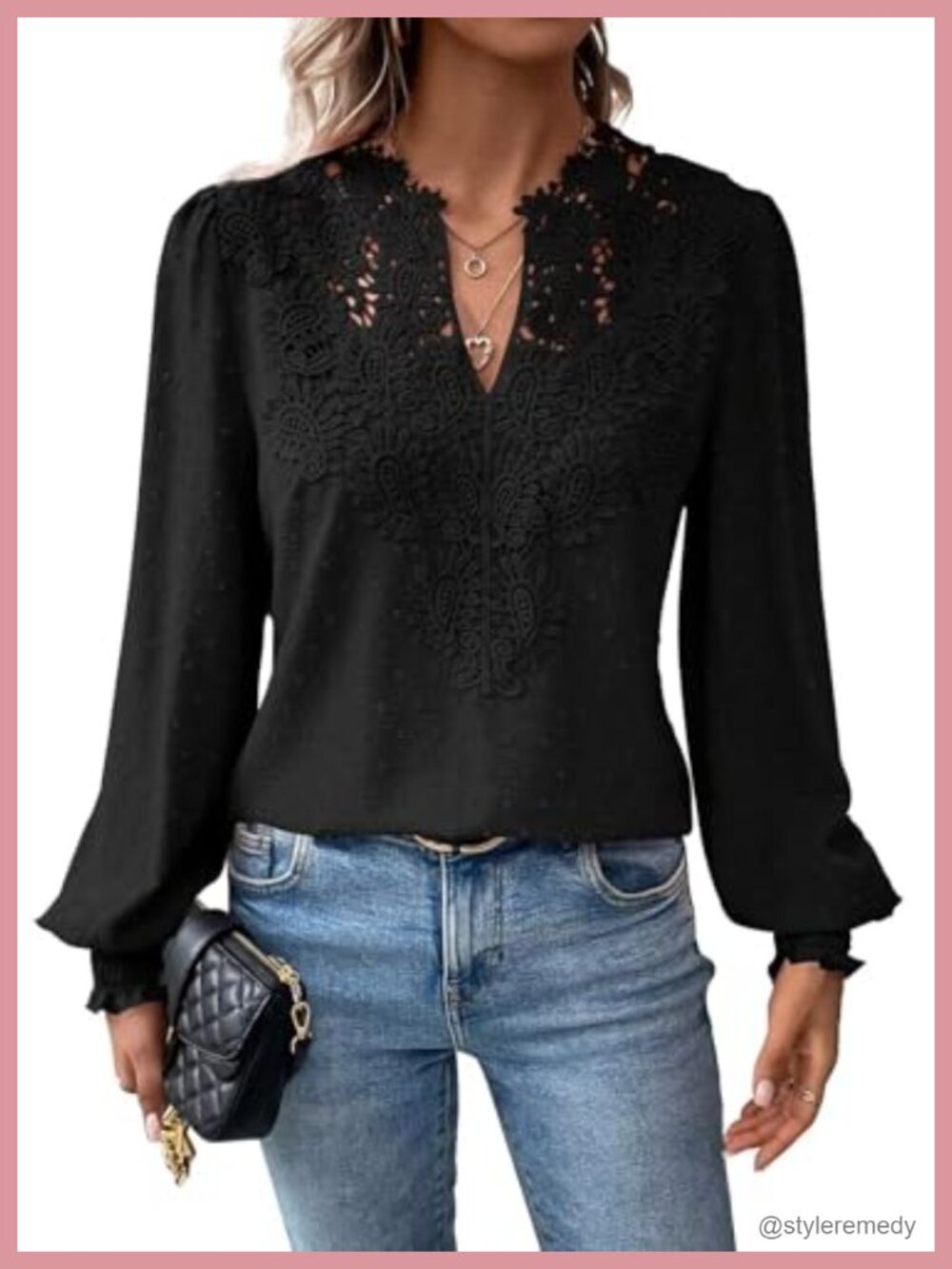 Long Sleeve Blouse with Ruffle Cuffs and Crochet V Neck